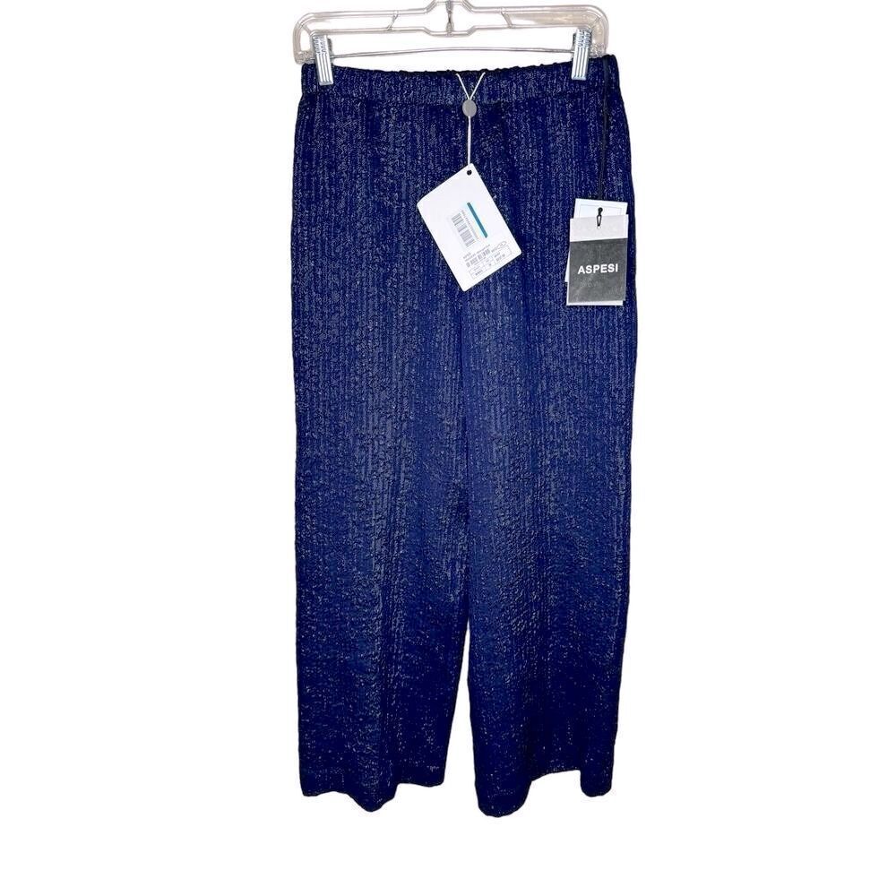 NWT ASPESI Donna silk pants metallic Navy size 38/ US XS